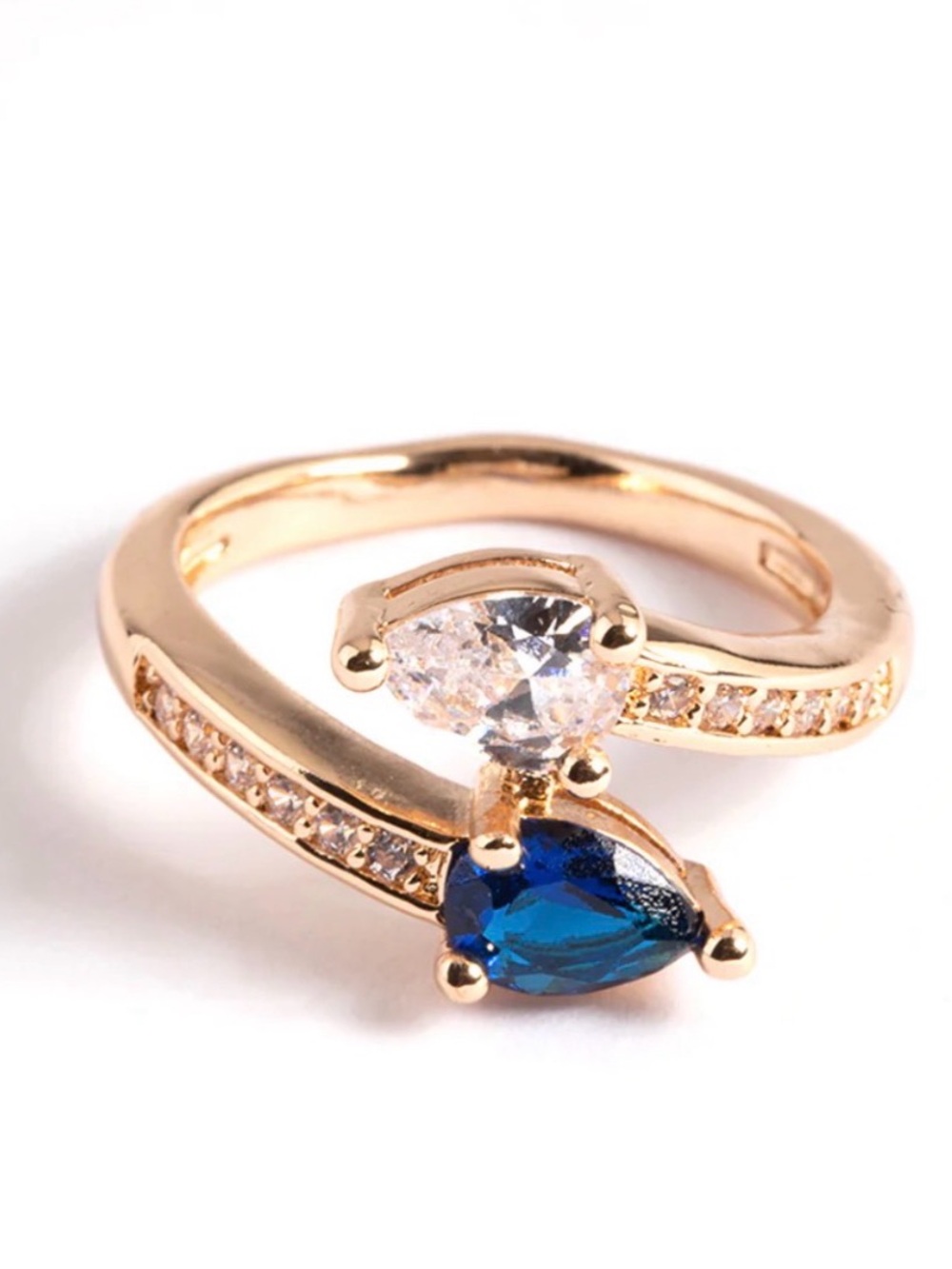 Blue And White Stone Gold-Tone Pear Cross Over Ring